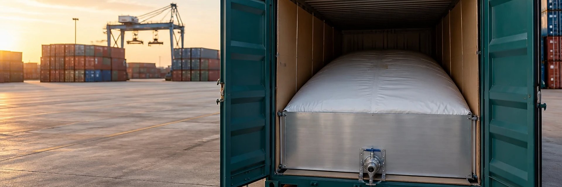 Flexitank filled with bulk liquid inside an open 20-foot dry container at a port terminal