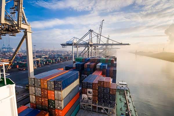 View from the deck of a container vessel approaching port