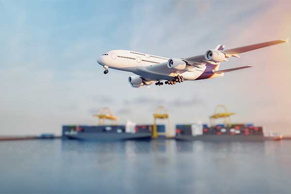 UWL Air Freight, a plane flys over a container terminal