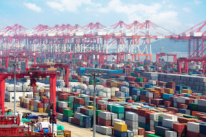 Closeup Industrial port with containers, Shanghai Yangshan deepwater port is a deep water port for container ships in Hangzhou Bay south of Shanghai, China.
