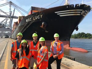 UWL Employees pose in front of the container vessel MSC Lucy at the Port of Savannah in Georgia June 2018
