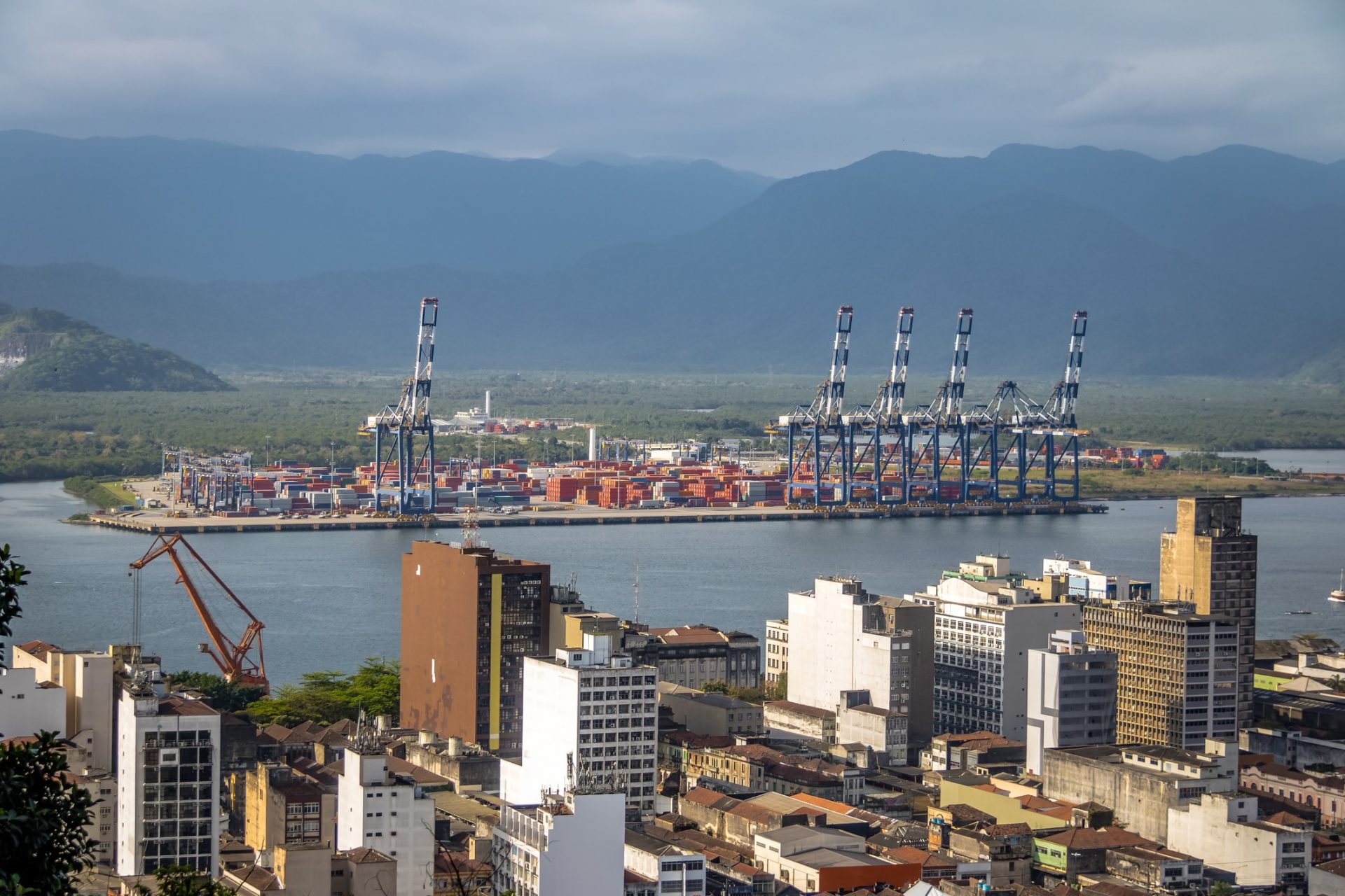 Aerial view of Port of Santos and Santos City - Santos, Sao Paulo, Brazil