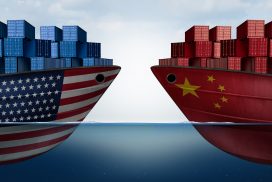 Section 301 Tariffs China United States trade and American tariffs as two opposing cargo ships as an economic taxation dispute over import and exports concept as a 3D illustration.