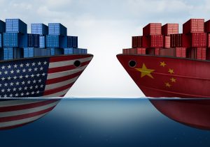 Section 301 Tariffs China United States trade and American tariffs as two opposing cargo ships as an economic taxation dispute over import and exports concept as a 3D illustration.